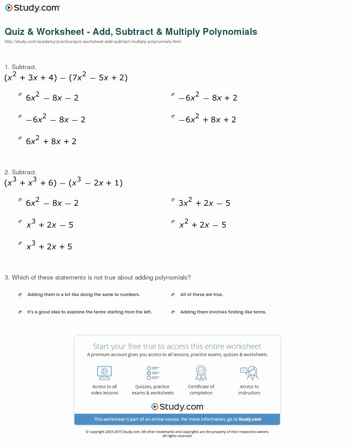 Polynomials Worksheet with Answers Fresh Quiz &amp; Worksheet Add Subtract &amp; Multiply Polynomials