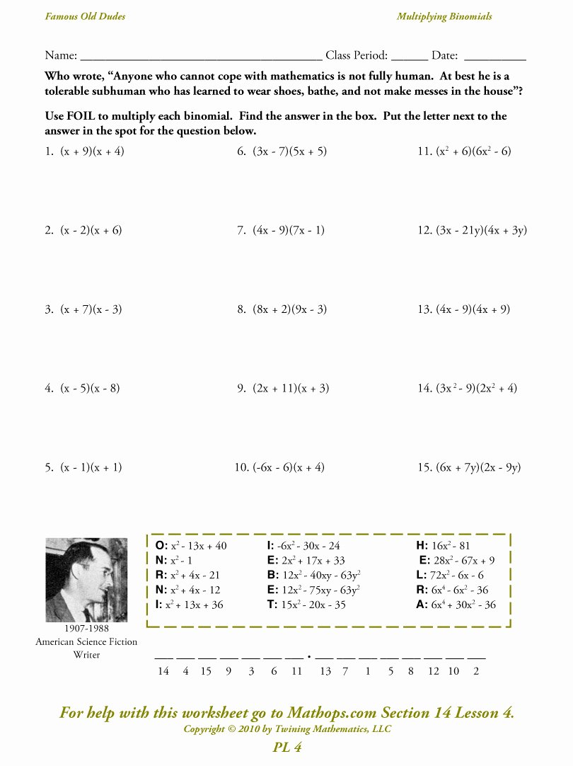 Polynomials Worksheet with Answers Luxury Pl 4 Multiplying Binomials Mathops