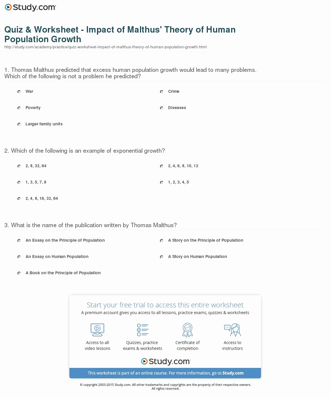 Population Growth Worksheet Answers Awesome Quiz &amp; Worksheet Impact Of Malthus theory Of Human