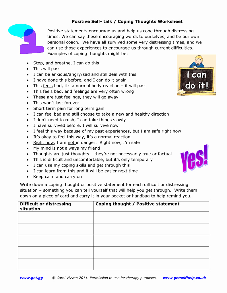 Positive Self Talk Worksheet Awesome Positive Self Talk Coping thoughts Worksheet
