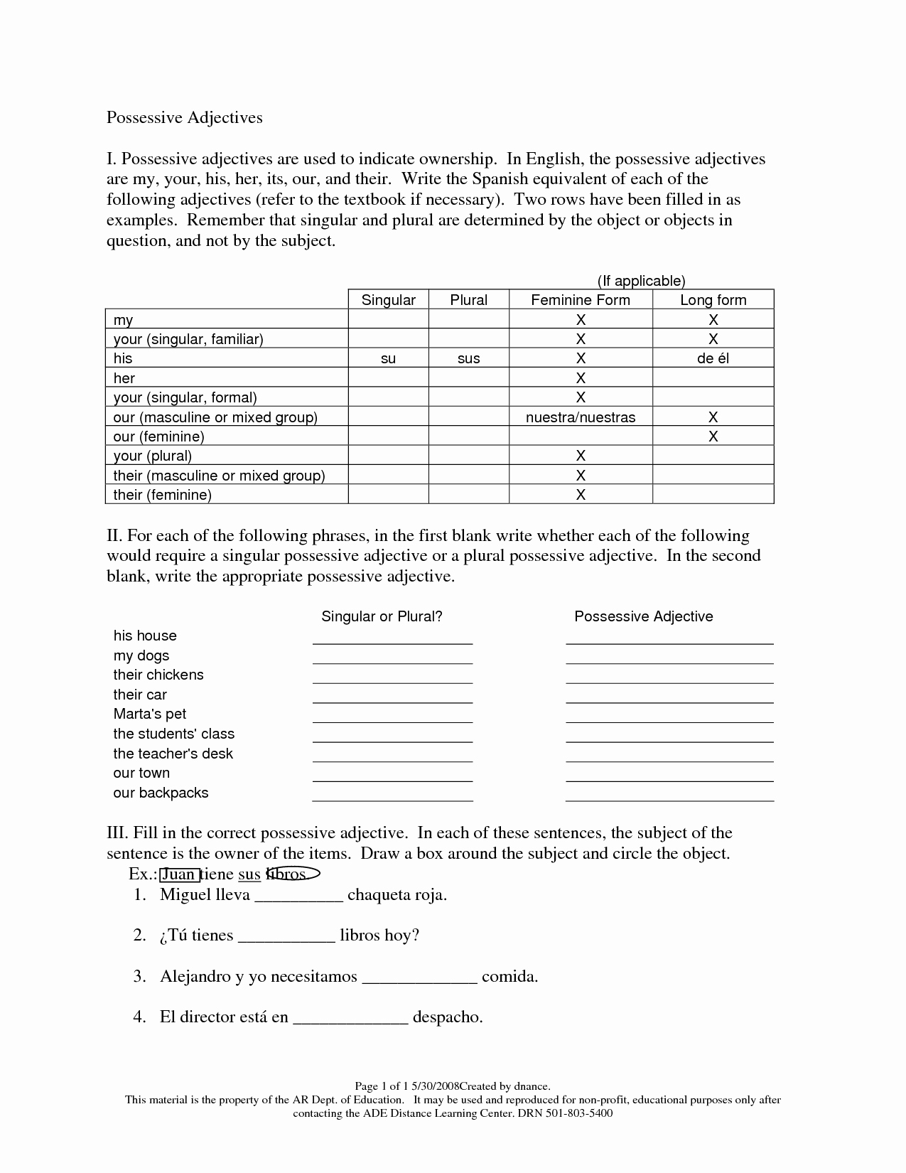 post spanish possessive adjectives worksheet pdf