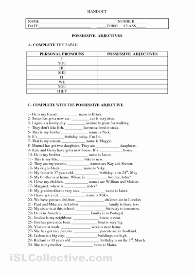 Possessive Adjective Spanish Worksheet Awesome 19 Best Of Possessive Pronouns Worksheets for Esl