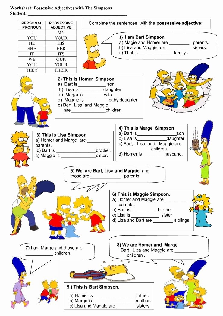 Possessive Adjective Spanish Worksheet Beautiful Possessive Adjectives with the Simpsons Worksheet 1