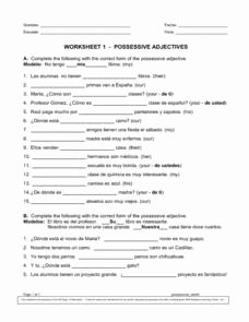 Possessive Adjective Spanish Worksheet Lovely Possessive Adjectives 8th 9th Grade Worksheet