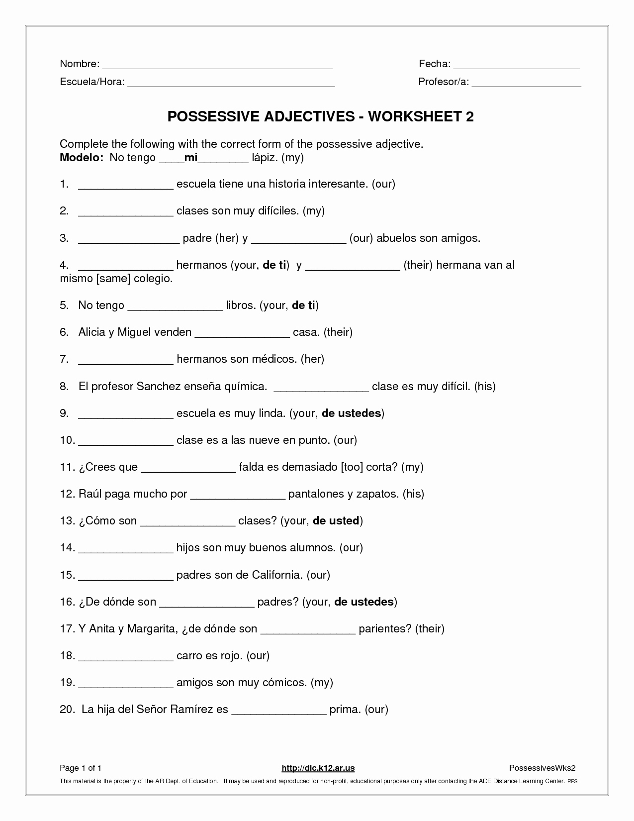 Possessive Adjective Spanish Worksheet Luxury 17 Best Of A Personal In Spanish Worksheet