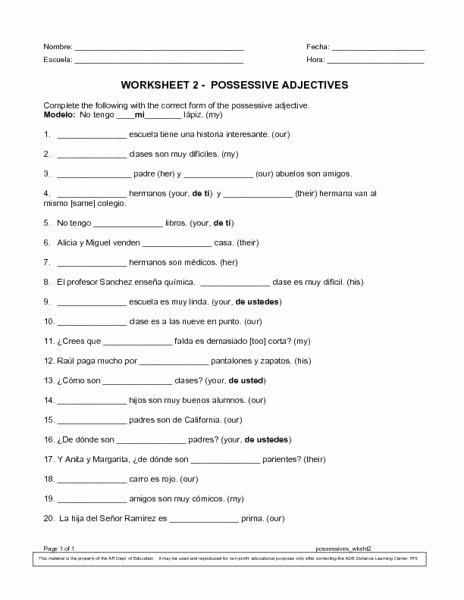 Possessive Adjective Spanish Worksheet Luxury Possessive Adjectives Worksheet