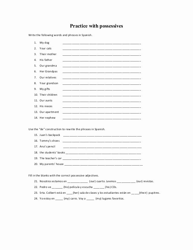 Possessive Adjective Spanish Worksheet New Possessive Pronoun Worksheet