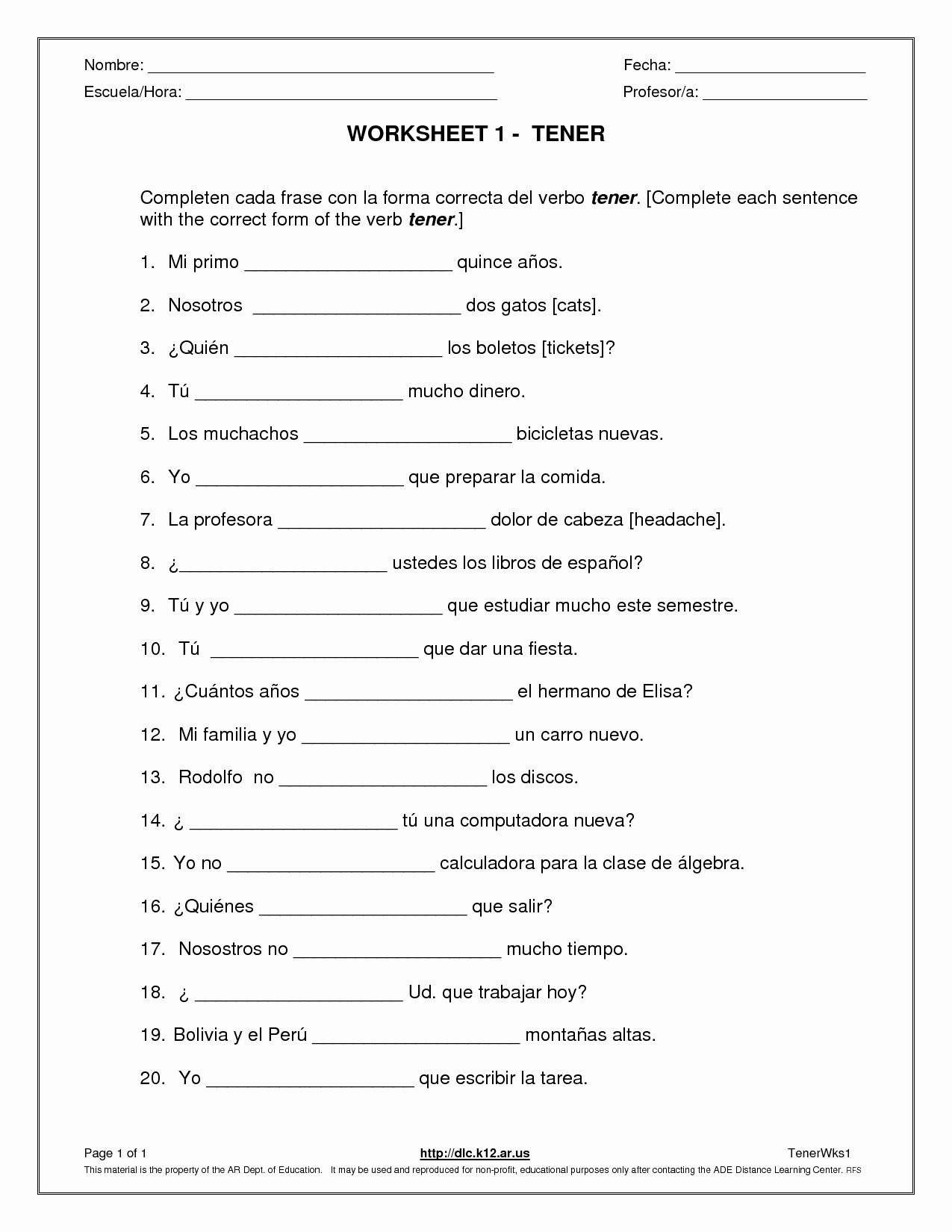 Worksheets In Possessive Adjectives In Spanish