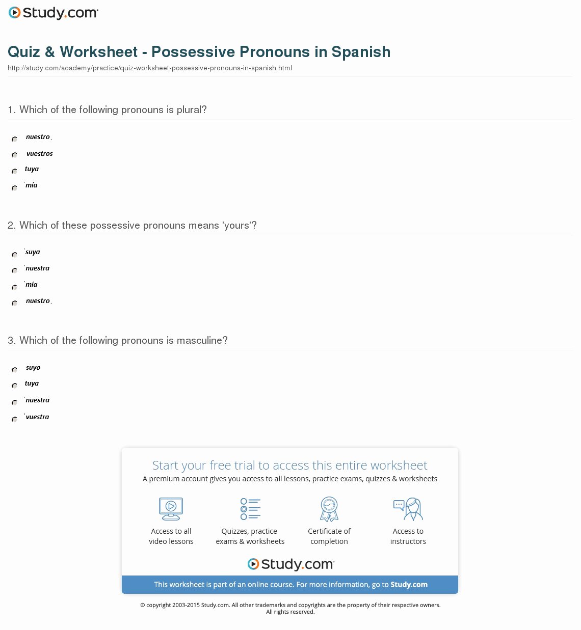 Possessive Adjectives Spanish Worksheet Best Of Quiz &amp; Worksheet Possessive Pronouns In Spanish