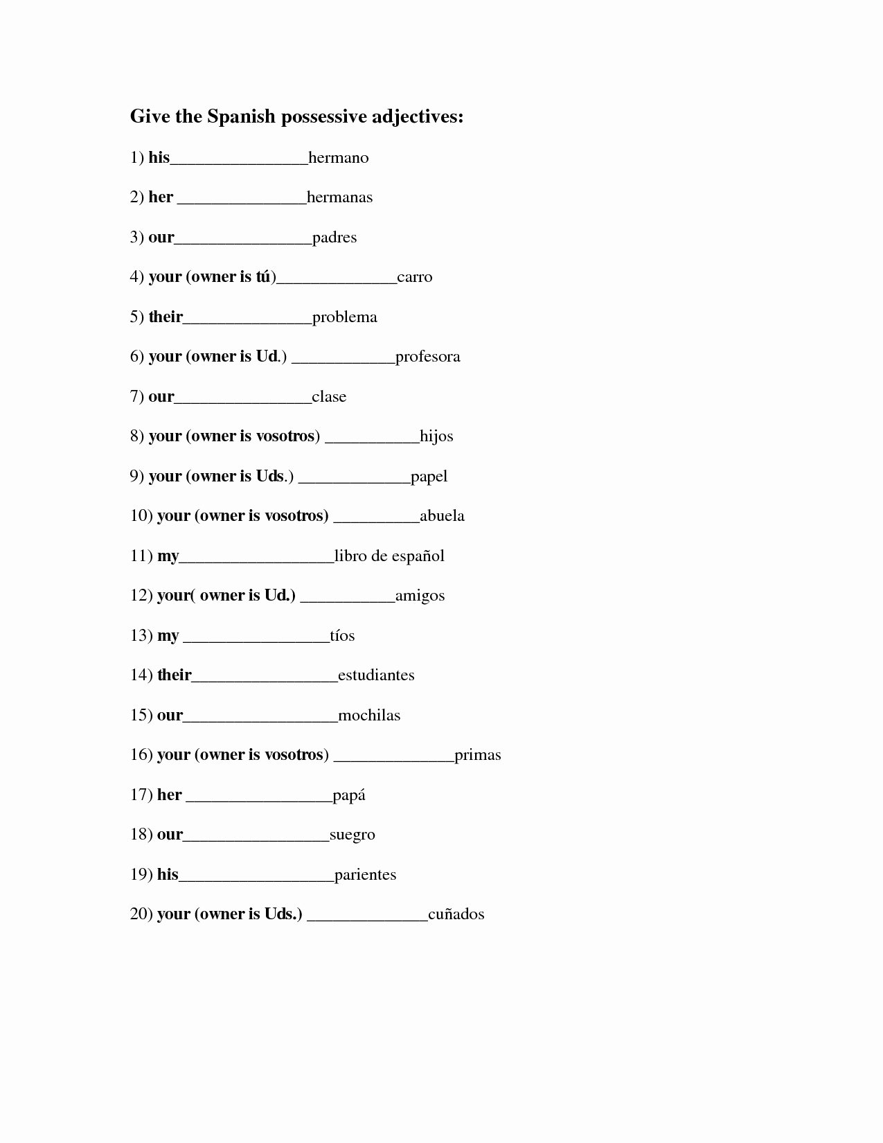 Possessive Adjectives Spanish Worksheet Elegant 15 Best Of Spanish Possessive Adjectives Worksheet