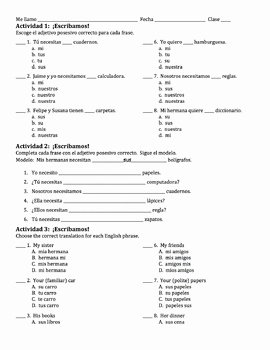 Possessive Adjectives Spanish Worksheet Elegant Spanish Possessive Adjectives Writing Exercises by Miss