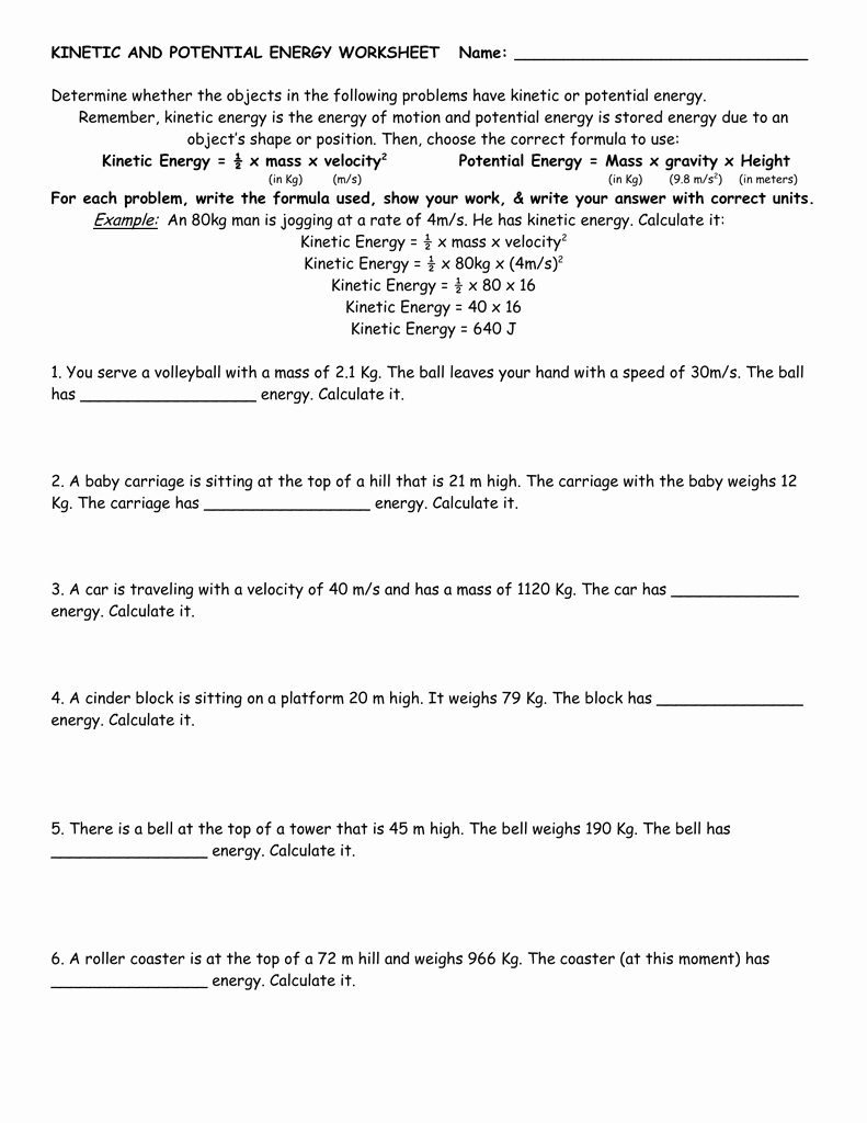Potential and Kinetic Energy Worksheet Unique Kinetic and Potential Energy Worksheet Name
