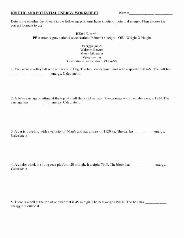 Potential Vs Kinetic Energy Worksheet Beautiful Kinetic and Potential Energy Worksheet