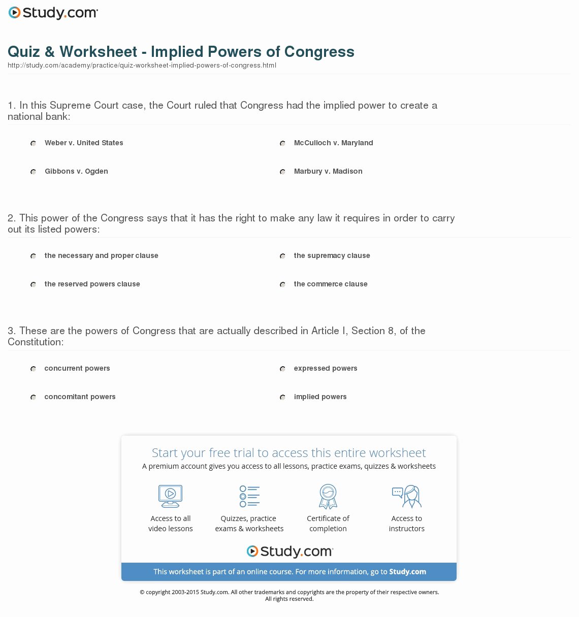 Powers Of Congress Worksheet Luxury Quiz &amp; Worksheet Implied Powers Of Congress
