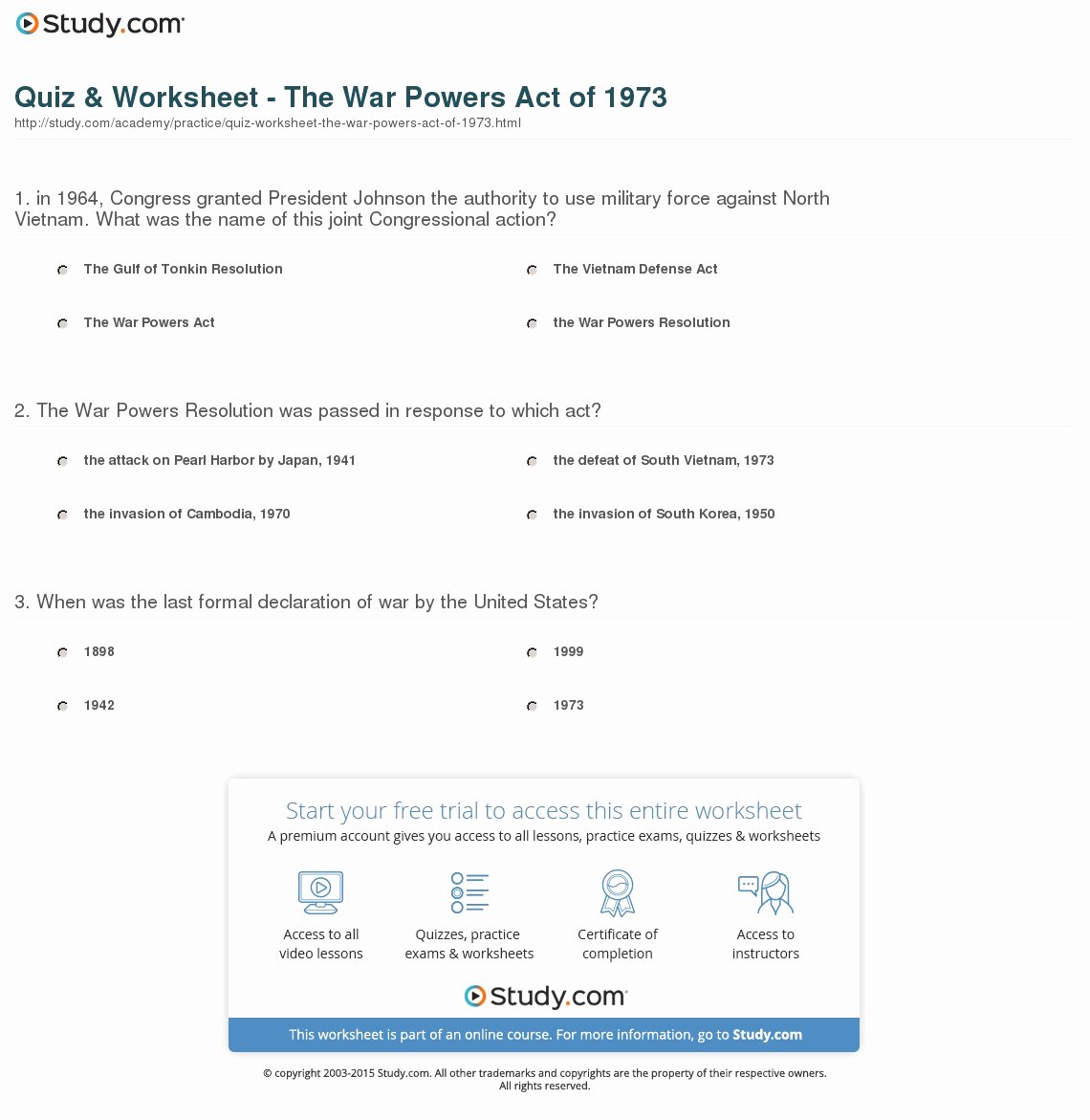 Powers Of Congress Worksheet Luxury Quiz &amp; Worksheet the War Powers Act Of 1973
