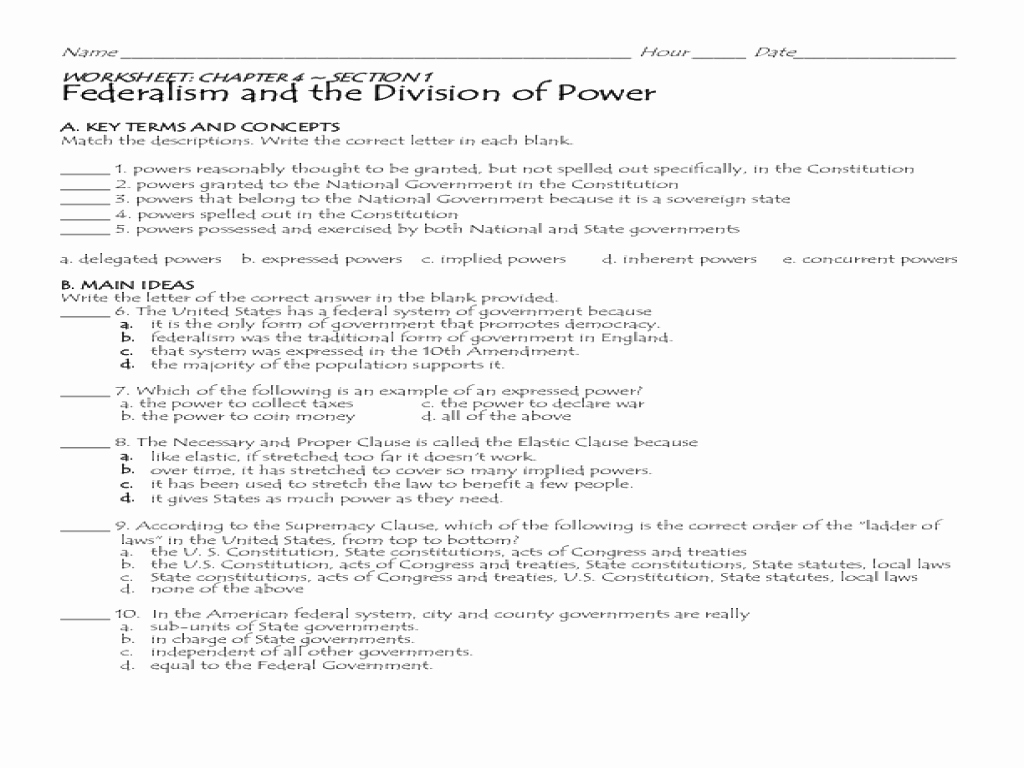 Powers Of Congress Worksheet New Federalism Terms Worksheet Breadandhearth