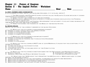 Powers Of Congress Worksheet Unique Congress the Implied Powers Ch 11 Worksheet for 11th