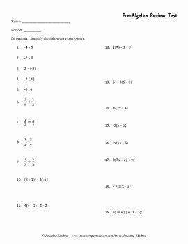 Pre Algebra Review Worksheet Beautiful Unit 1 Pre Algebra Review Test by Amazing Algebra