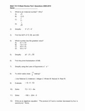 Pre Algebra Review Worksheet Fresh Math 7 8 15 Week Pre Algebra Review Part I 7th 9th Grade