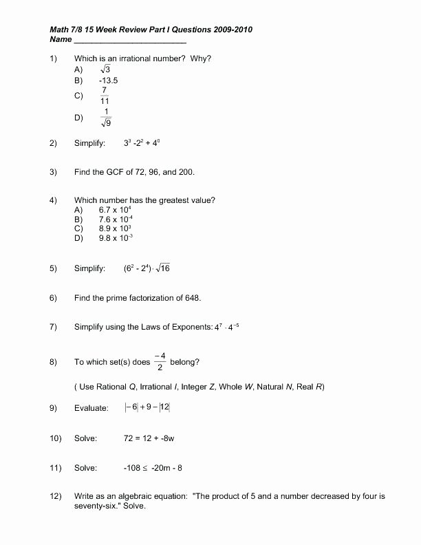 Pre Algebra Review Worksheet Lovely Free Algebra Review Worksheets