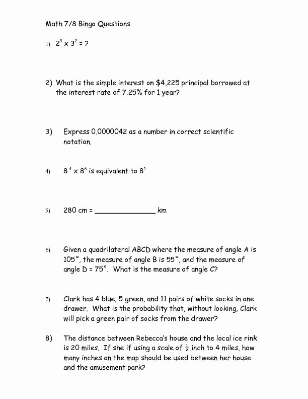 Pre Algebra Review Worksheet Lovely Math 7 8 Bingo Questions Pre Algebra Review Worksheet for