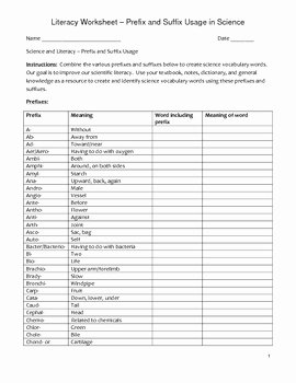 Prefixes and Suffixes Worksheet Inspirational High School Science Literacy Worksheet Science Prefixes
