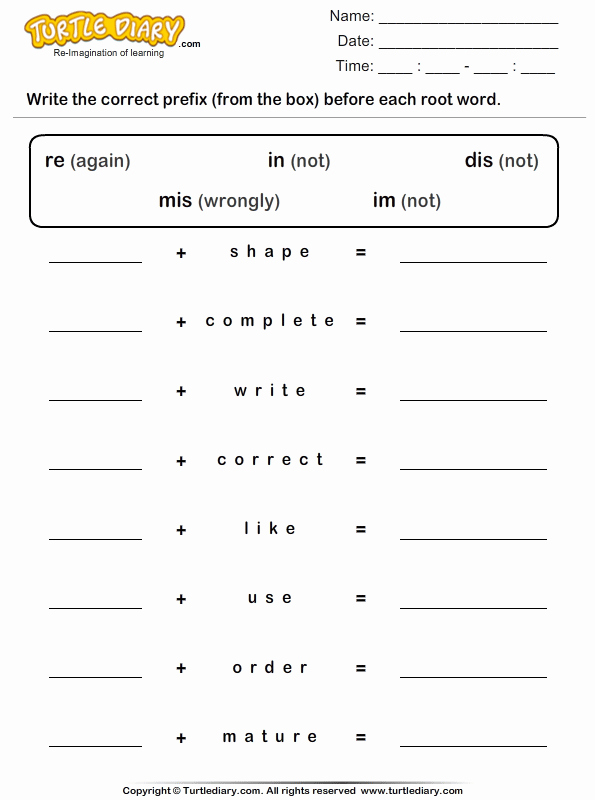 Prefixes and Suffixes Worksheet New Bining Prefix and Root Word Worksheet Turtle Diary