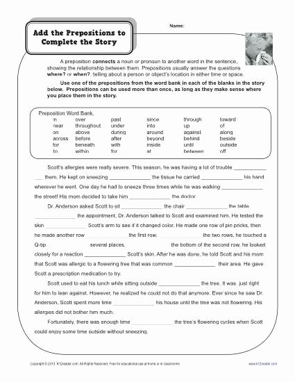 Prepositional Phrase Worksheet with Answers Awesome Preposition Worksheet Add the Prepositions