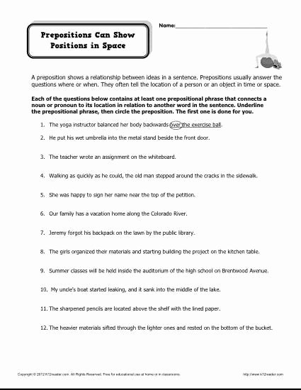 Prepositional Phrase Worksheet with Answers Awesome Preposition Worksheet Prepositions Can Show Position In