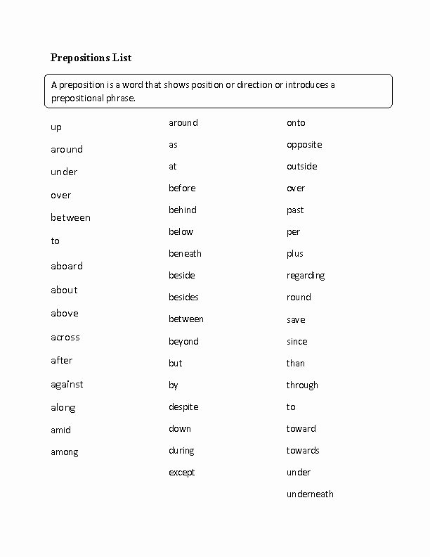 Prepositional Phrase Worksheet with Answers Awesome Prepositions List Has All Worksheets by topic with