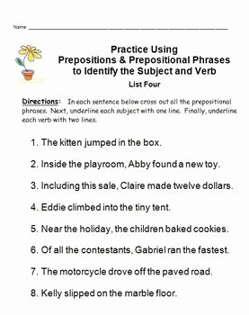 Prepositional Phrase Worksheet with Answers Beautiful Identifying Subjects &amp; Verbs Easy Mastery Using
