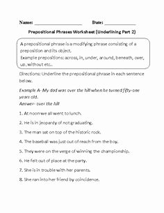 Prepositional Phrase Worksheet with Answers Best Of Underlining Prepositional Phrase Worksheets Part 1