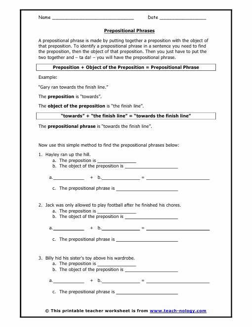 50 Prepositional Phrase Worksheet With Answers