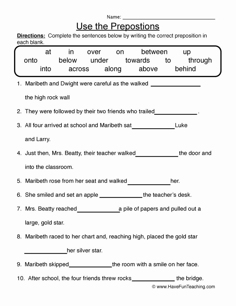 Prepositional Phrase Worksheet with Answers Elegant Prepositions Worksheets