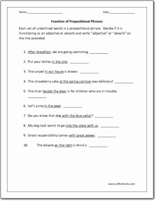 Prepositional Phrase Worksheet with Answers Inspirational Function Of Prepositional Phrases Worksheet