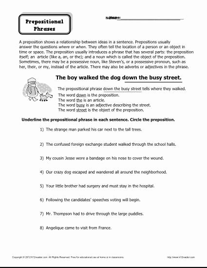 Prepositional Phrase Worksheet with Answers Lovely Preposition Worksheet Prepositional Phrases