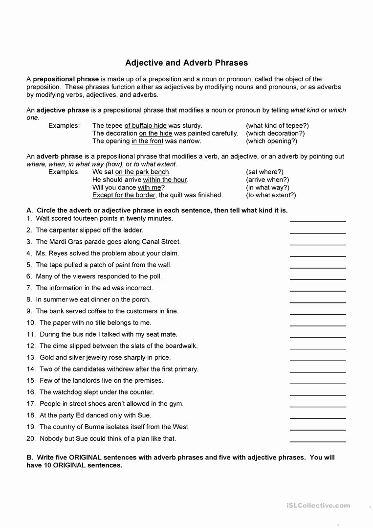 Prepositional Phrase Worksheet with Answers New Adjective and Adverb Phrases Worksheet Free Esl