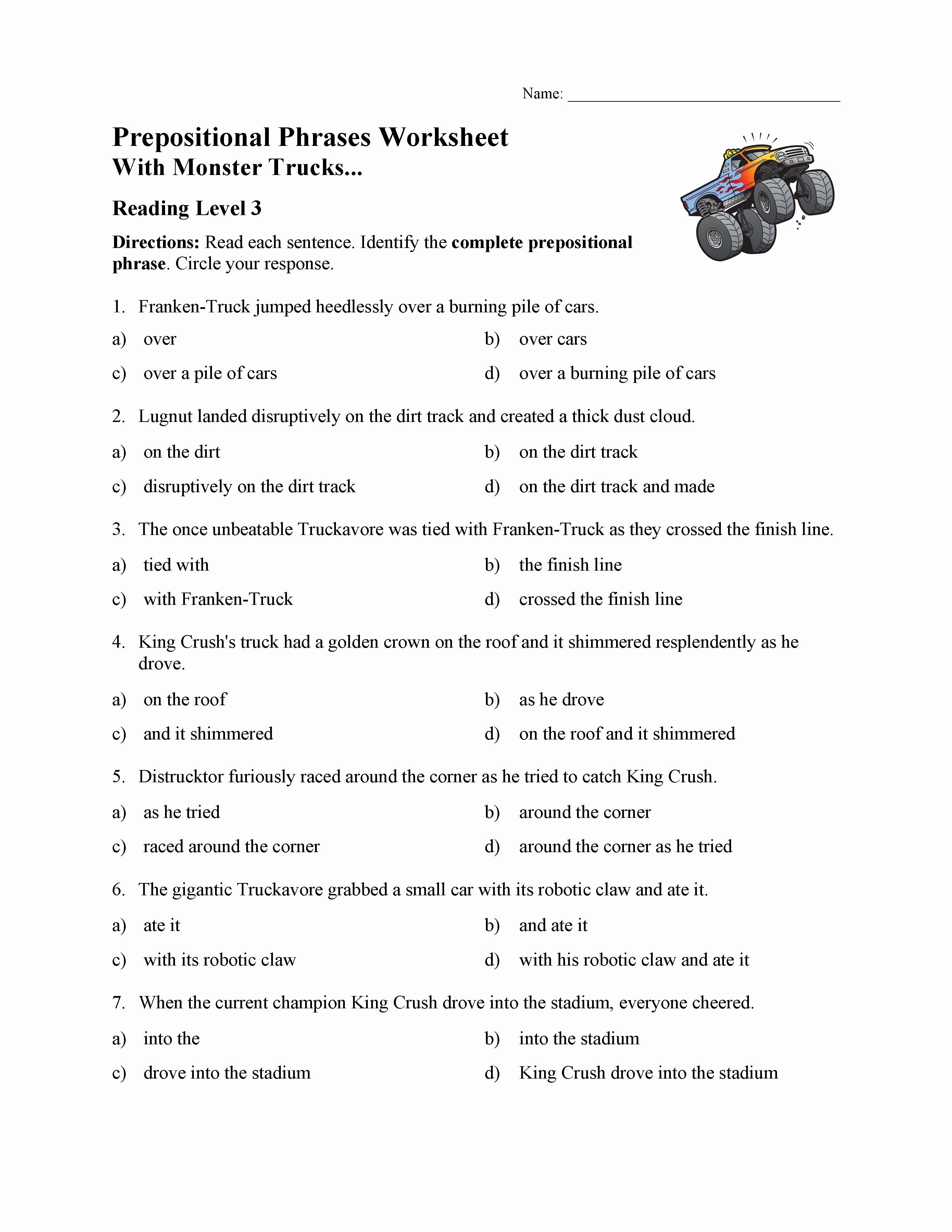 Prepositional Phrase Worksheet with Answers New Prepositional Phrases Worksheet 1 Reading Level 3