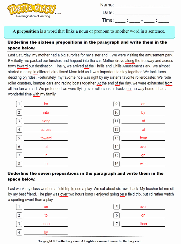 Prepositional Phrase Worksheet with Answers Unique Underline Prepositions In the Paragraph and Write them