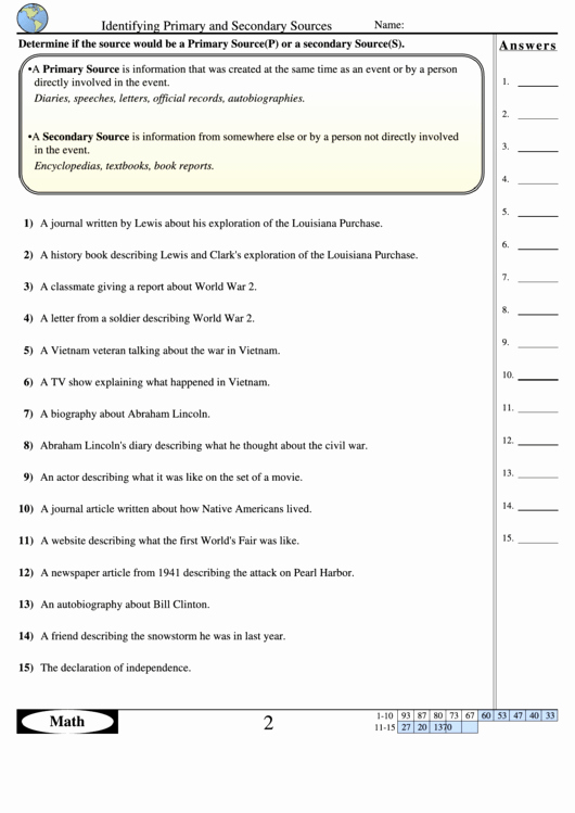 Primary and Secondary sources Worksheet Fresh Identifying Primary and Secondary sources History
