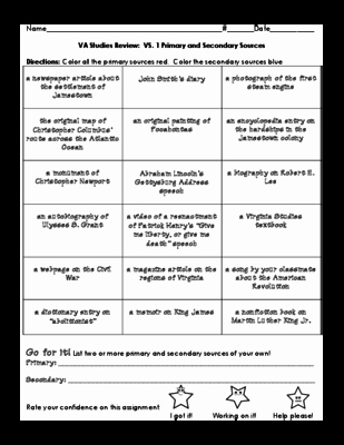 Primary and Secondary sources Worksheet Lovely Virginia Stu S Review Activities Vs 1 Primary Secondary