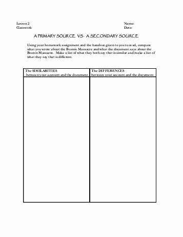 Primary and Secondary sources Worksheet New Primary and Secondary sources Worksheet