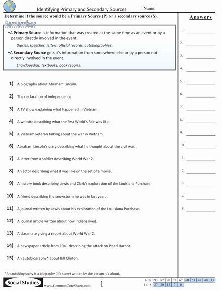 Primary and Secondary sources Worksheet Unique Primary &amp; Secondary sources Worksheets
