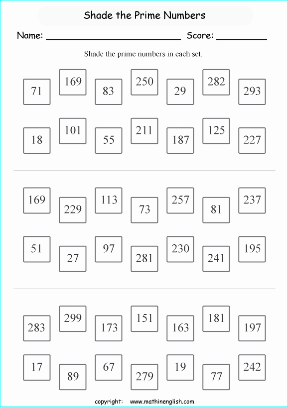Prime and Composite Numbers Worksheet New Shade In Each Set the Prime Numbers Up to 300 some
