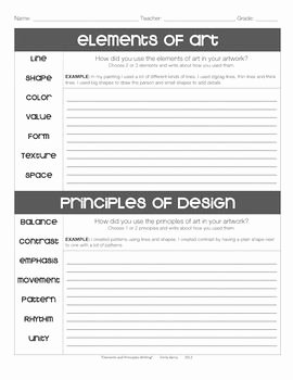 Principles Of Design Worksheet New Elements and Principles Of Art Writing Activity