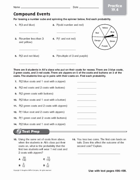 Probability Of Compound events Worksheet Lovely Pound events Worksheet for 5th 6th Grade