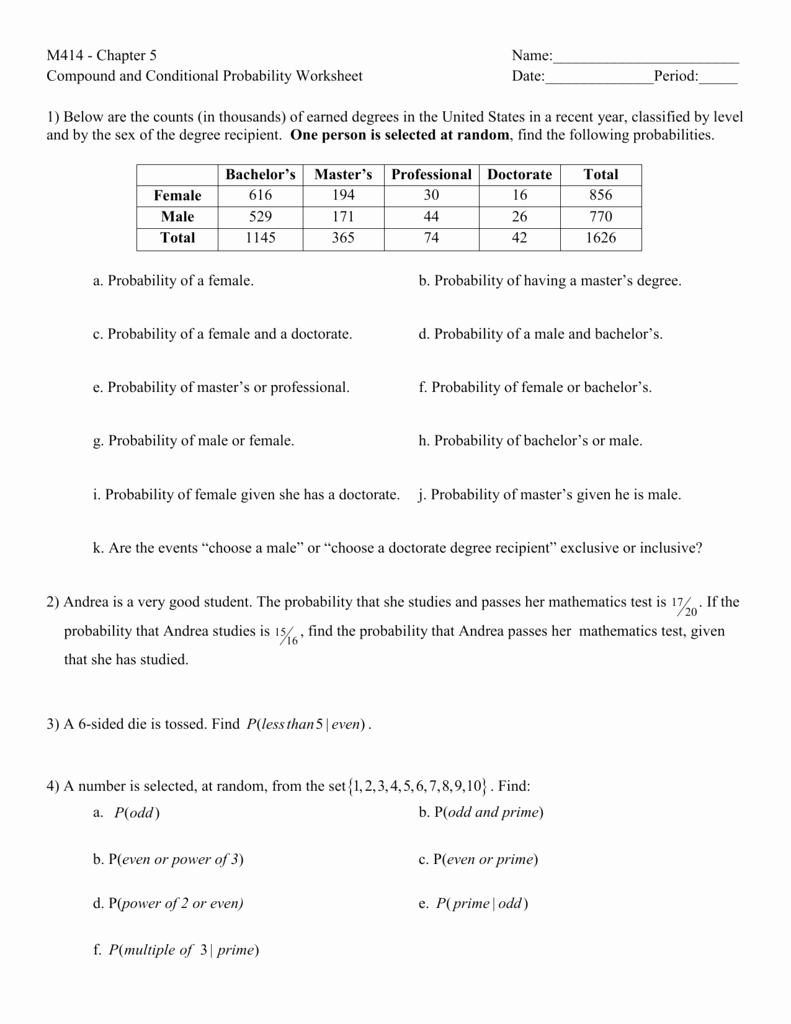 Probability Of Compound events Worksheet Unique M414 Chapter 5 Name Pound and Conditional Probability