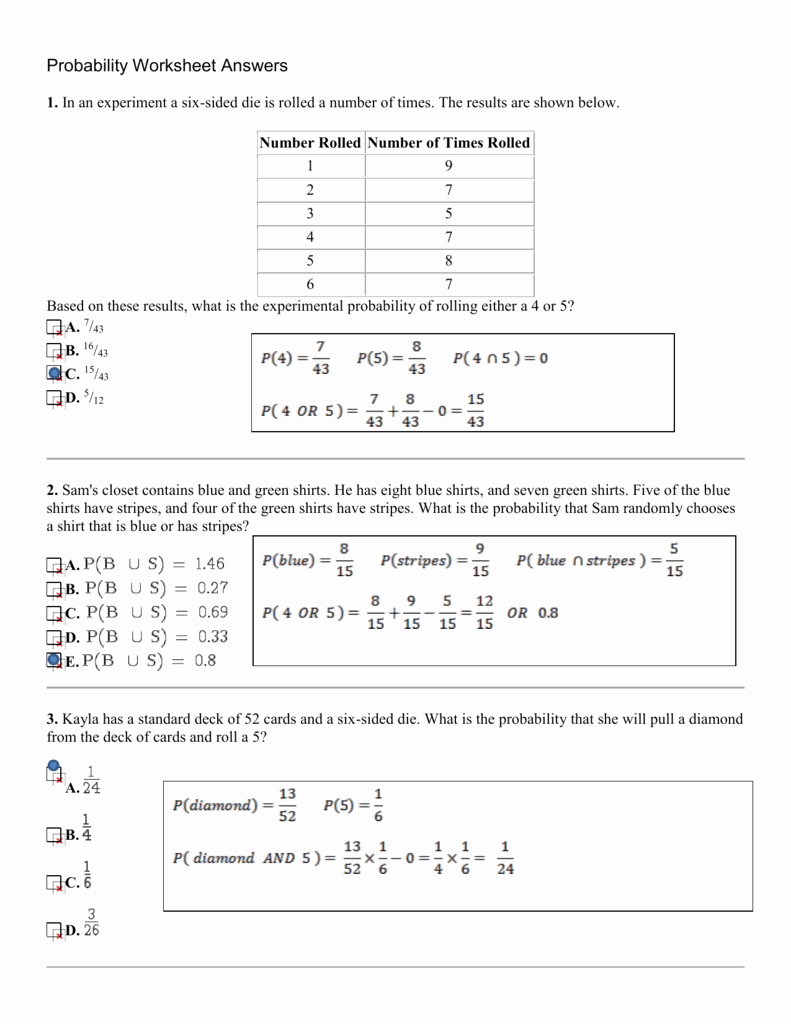Probability Worksheet with Answers Unique Probability Worksheet Answers