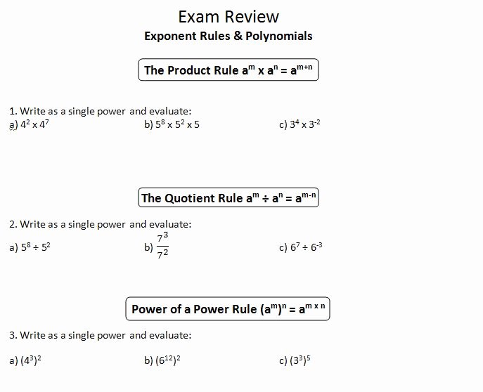 Product and Quotient Rule Worksheet Awesome Ins Pi Re Math Mpm1d Exam Review 1 Exponent Rules