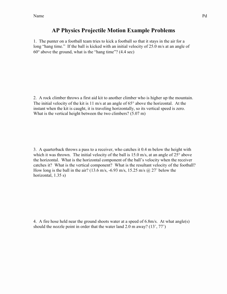 Projectile Motion Worksheet with Answers Beautiful Ap Physics Projectile Motion Example Problems